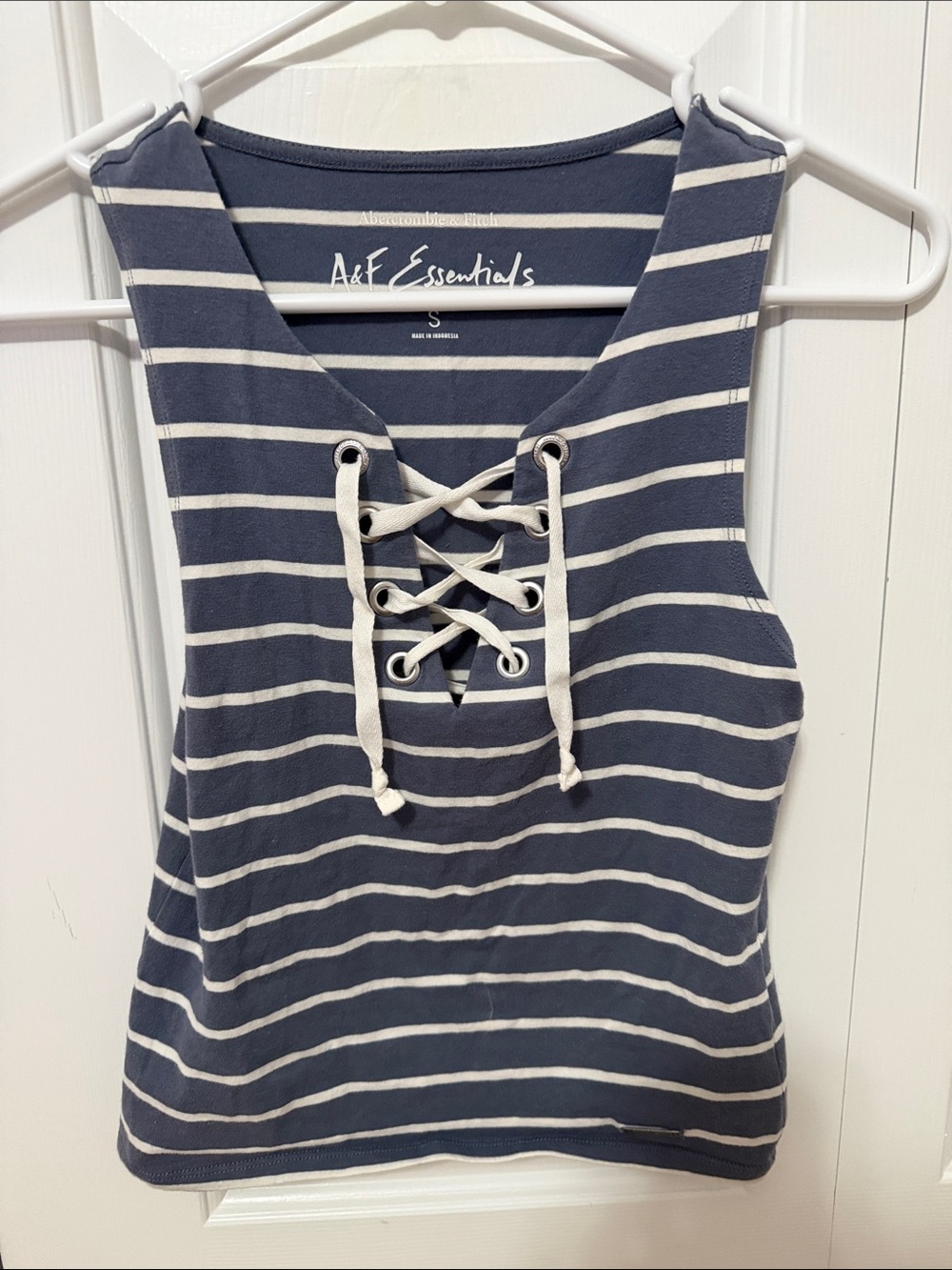 Abercrombie & Fitch Navy and White Striped Lace-Up Cropped Tank